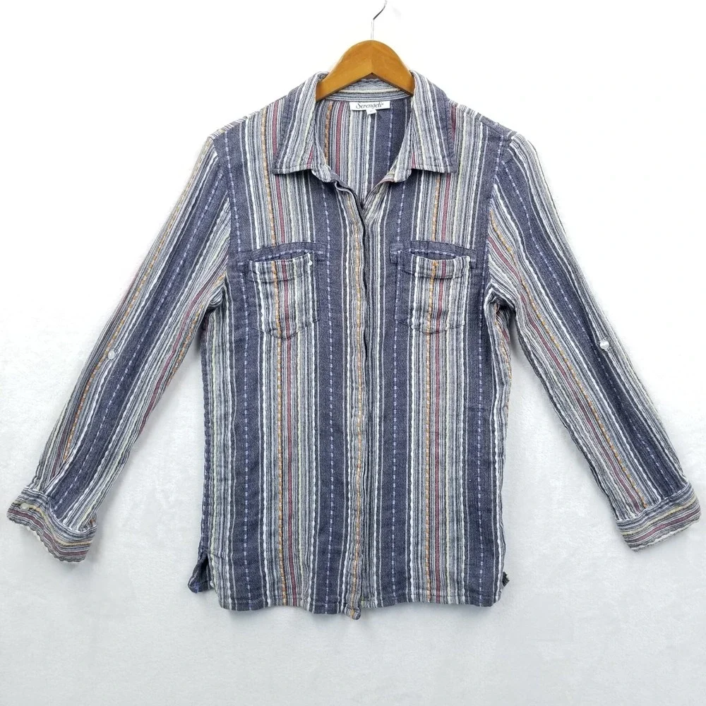 Serengeti Blouse Women M Blue‎ Striped Cotton Long Roll Sleeve Hippie Boho Slim